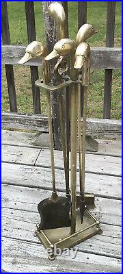 Vintage Brass Duck Head Fireplace Tool Set 5 Piece 4 Tools & Stand