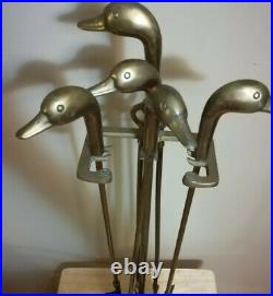 Vintage Brass Duck Head Fireplace Tool Set 5 Piece 4 Tools Stand Free Ship