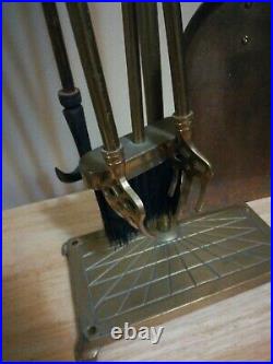 Vintage Brass Duck Head Fireplace Tool Set 5 Piece 4 Tools Stand Free Ship