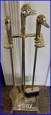 Vintage Brass Duck Head Mallard Fireplace Tool Set 4 Piece 3 Tools and Stand