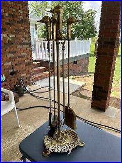 Vintage Brass Duck Head Mallard Fireplace Tool Set 5 Piece 4 Tools and Stand