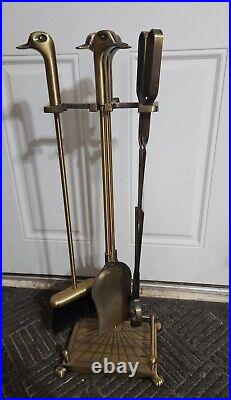 Vintage Brass Duck Head Mallard Fireplace Tool Set 5-Piece (4 Tools and Stand)