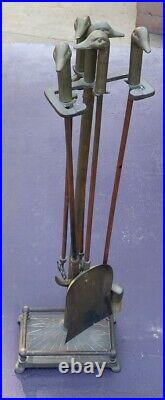 Vintage Brass Duck Head Mallard Fireplace Tool Set 5 Piece 4 Tools and Stand