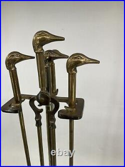 Vintage Brass Duck Head Mallard Fireplace Tool Set 5 Piece 4 Tools and Stand