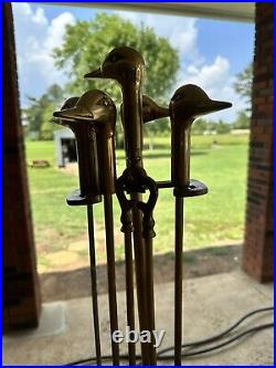 Vintage Brass Duck Head Mallard Fireplace Tool Set 5 Piece 4 Tools and Stand