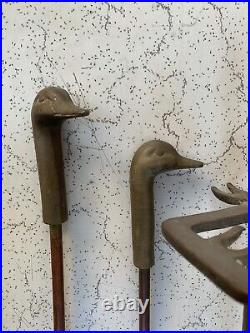 Vintage Brass Duck Head Mallard Fireplace Tool Set 5 Piece 4 Tools and Stand