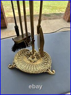 Vintage Brass Duck Head Mallard Fireplace Tool Set 5 Piece 4 Tools and Stand