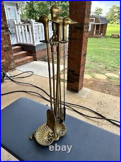 Vintage Brass Duck Head Mallard Fireplace Tool Set 5 Piece 4 Tools and Stand