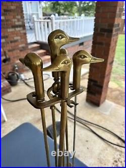 Vintage Brass Duck Head Mallard Fireplace Tool Set 5 Piece 4 Tools and Stand