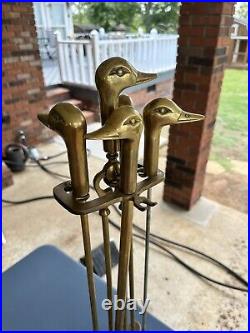 Vintage Brass Duck Head Mallard Fireplace Tool Set 5 Piece 4 Tools and Stand