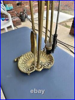 Vintage Brass Duck Head Mallard Fireplace Tool Set 5 Piece 4 Tools and Stand