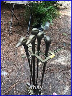 Vintage Brass Duck Heads Fireplace Tool Set 4 Tools with Stand