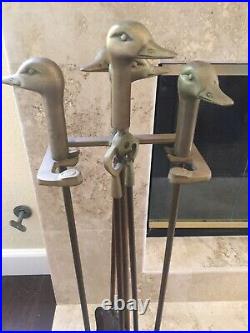 Vintage Brass Duck Heads Fireplace Tool Set 4 Tools with Stand