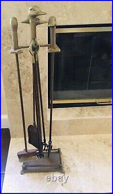 Vintage Brass Duck Heads Fireplace Tool Set 4 Tools with Stand