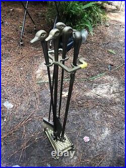 Vintage Brass Duck Heads Fireplace Tool Set 4 Tools with Stand