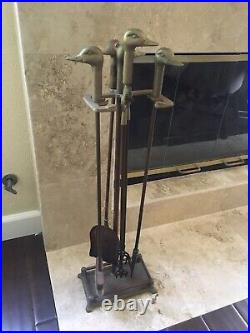 Vintage Brass Duck Heads Fireplace Tool Set 4 Tools with Stand