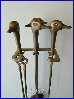 Vintage Brass Duck Heads Fireplace Tool Set 5 Pieces 4 Tools & Stand