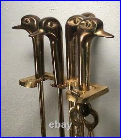 Vintage Brass Duck Heads Fireplace Tool Set 6 Pcs 4 Tools, Stand & Long Lighter
