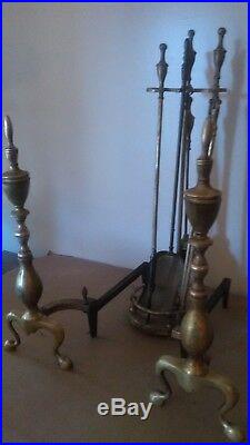 Vintage Brass Federal Style Finial Top Andirons & Finial Fireplace Tool Set