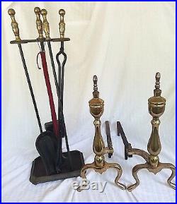 Vintage Brass Federal Style Finial Top Andirons Fireplace Tool Set