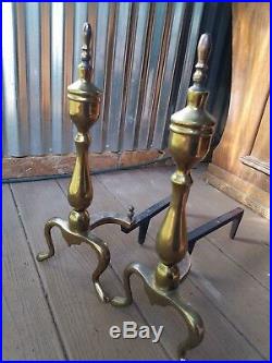 Vintage Brass Federal Style Finial Top Andirons Fireplace Tool Set