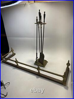 Vintage Brass Finish Fireplace Bumper and Tool Set