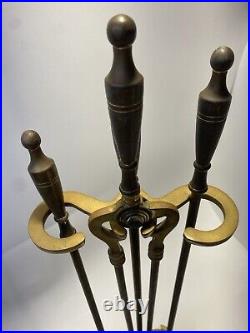 Vintage Brass Finish Fireplace Bumper and Tool Set