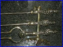 Vintage Brass Fire Dogs & Tools Fireside Companion Set Ornately Decorated