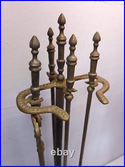 Vintage Brass Fire Place Tool Set Poker-Shovel-Tongs-Brush Stand