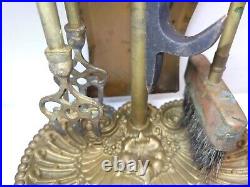 Vintage Brass Fire Place Tool Set Poker-Shovel-Tongs-Brush Stand