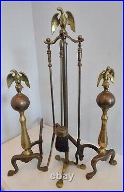 Vintage Brass Fireplace Andirons Poker Tools Set Bald Eagle Topper 1950s