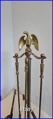 Vintage Brass Fireplace Andirons Poker Tools Set Bald Eagle Topper 1950s