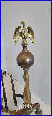 Vintage Brass Fireplace Andirons Poker Tools Set Bald Eagle Topper 1950s