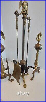 Vintage Brass Fireplace Andirons Poker Tools Set Bald Eagle Topper 1950s