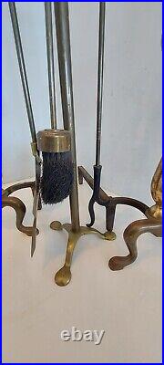 Vintage Brass Fireplace Andirons Poker Tools Set Bald Eagle Topper 1950s