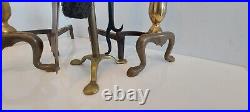 Vintage Brass Fireplace Andirons Poker Tools Set Bald Eagle Topper 1950s