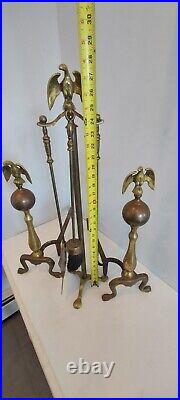 Vintage Brass Fireplace Andirons Poker Tools Set Bald Eagle Topper 1950s