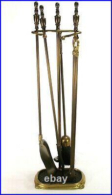 Vintage Brass Fireplace Fire Place Tools 5pc Set Broom Poker Shovel Tongs Rack