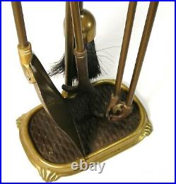 Vintage Brass Fireplace Fire Place Tools 5pc Set Broom Poker Shovel Tongs Rack