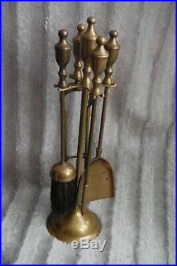 Vintage Brass Fireplace Fireside Companion Set Tools Poker Shovel Brush & Tongue