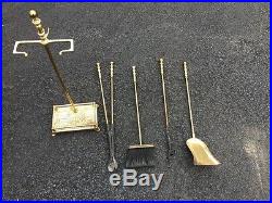 Vintage Brass Fireplace Poker Grabber Shovel Brush 4 Fire Tools Set With Stand
