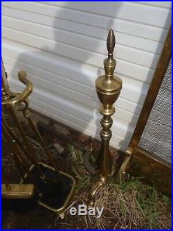 Vintage Brass Fireplace Set, Fireplace Screen, End Irons, Fireplace Tools