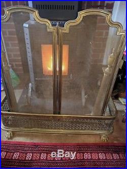 Vintage Brass Fireplace Set With 36 Surround, Andirons, Folding Screen & Tools