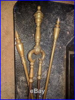 Vintage Brass Fireplace Set With 36 Surround, Andirons, Folding Screen & Tools