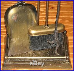 Vintage Brass Fireplace Tool Set 4 Piece Broom Shovel Poker + Rack Stand 30