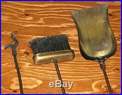 Vintage Brass Fireplace Tool Set 4 Piece Broom Shovel Poker + Rack Stand 30