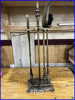 Vintage Brass Fireplace Tool Set 4 Piece & Stand