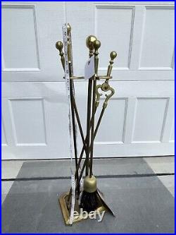 Vintage Brass Fireplace Tool Set 4 Tools And Stand Round Base Appx 30 Tall