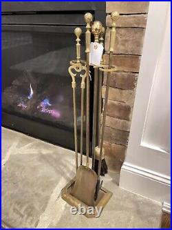 Vintage Brass Fireplace Tool Set 4 Tools And Stand Round Base Appx 30 Tall