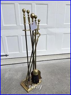 Vintage Brass Fireplace Tool Set 4 Tools And Stand Round Base Appx 30 Tall